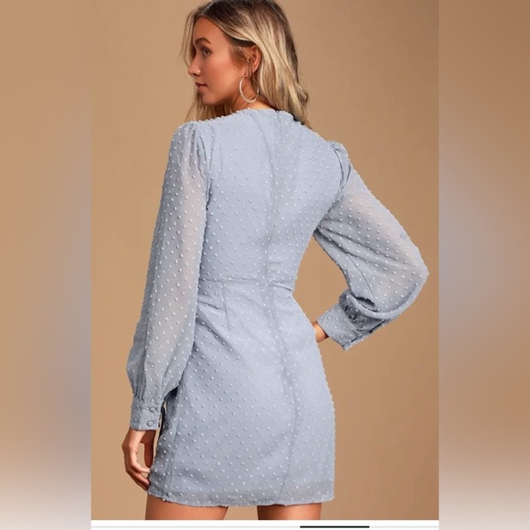 Lulus Light Blue Swiss Dot Long Sleeve Tie-Front Mini Dress size M - Picture 9 of 9